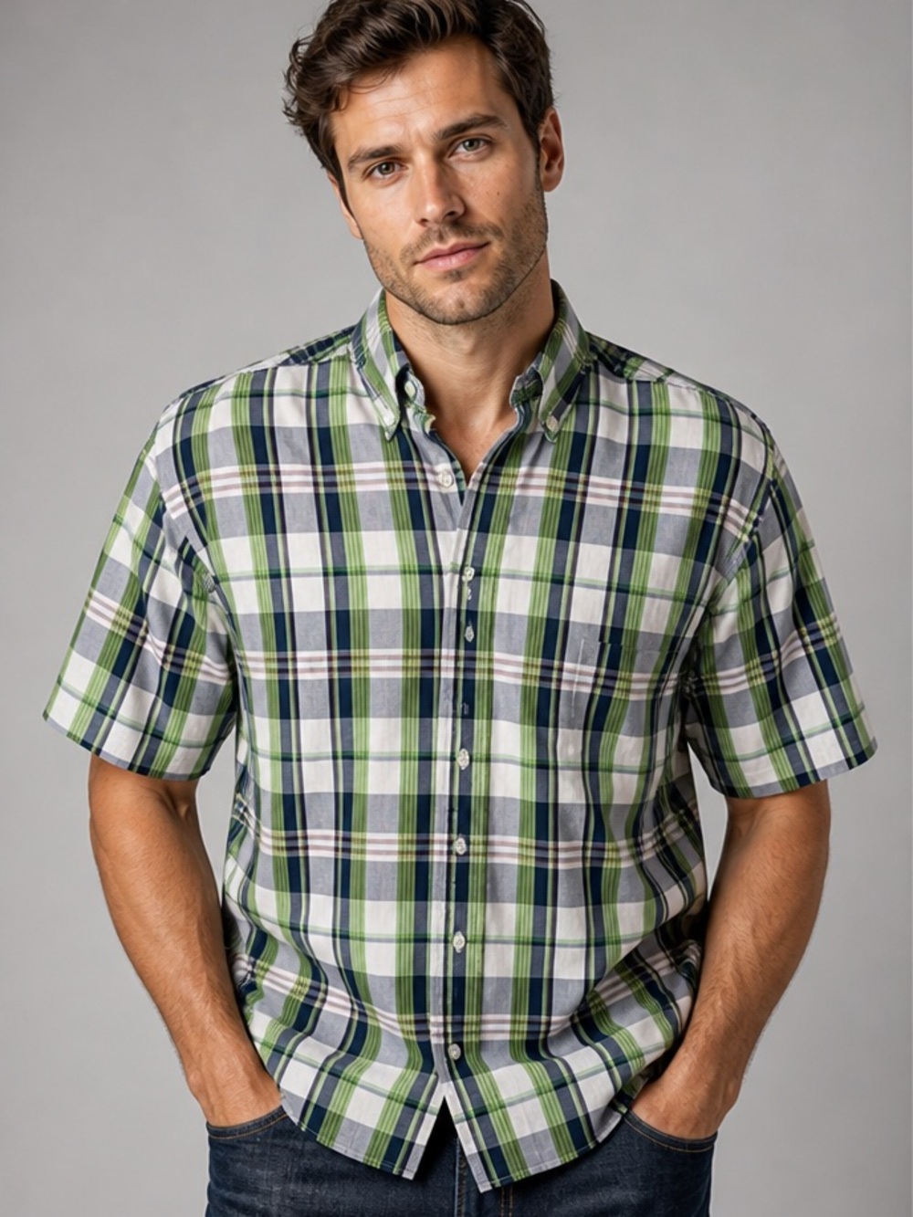 Large Plaid Short-sleeve Button-Down Shirt Sun River Clothing Green White Navy